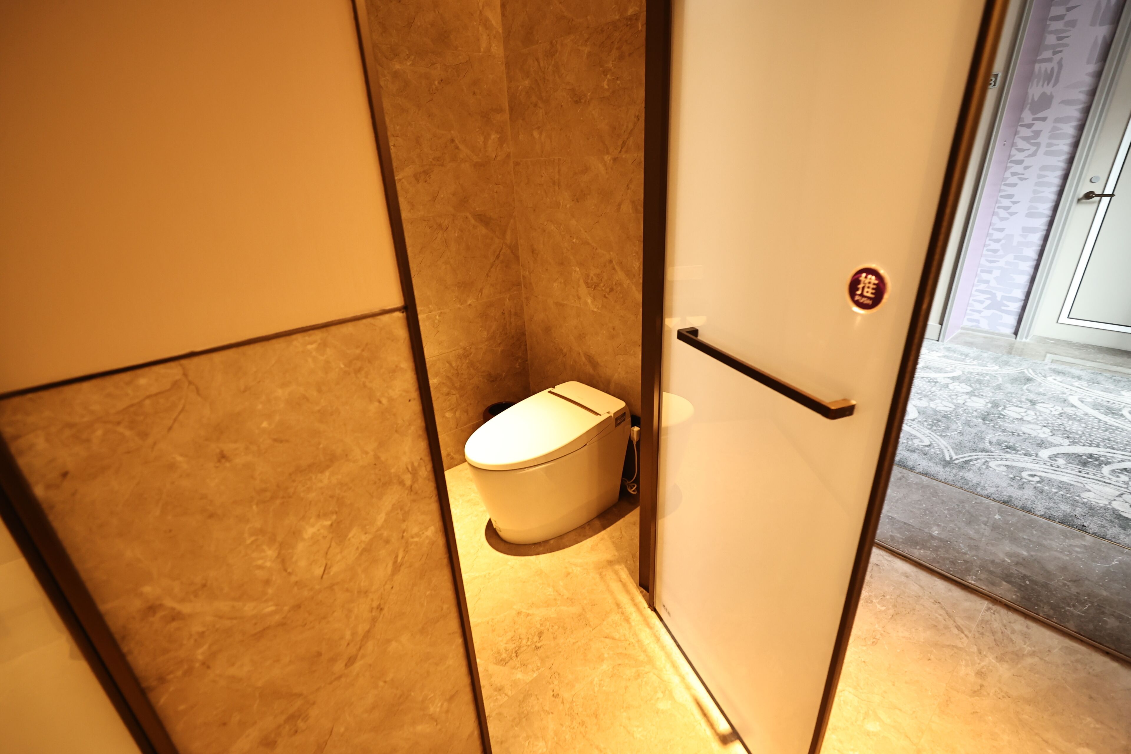 A bathroom with a toilet, a door with a handle, and a patterned floor.
