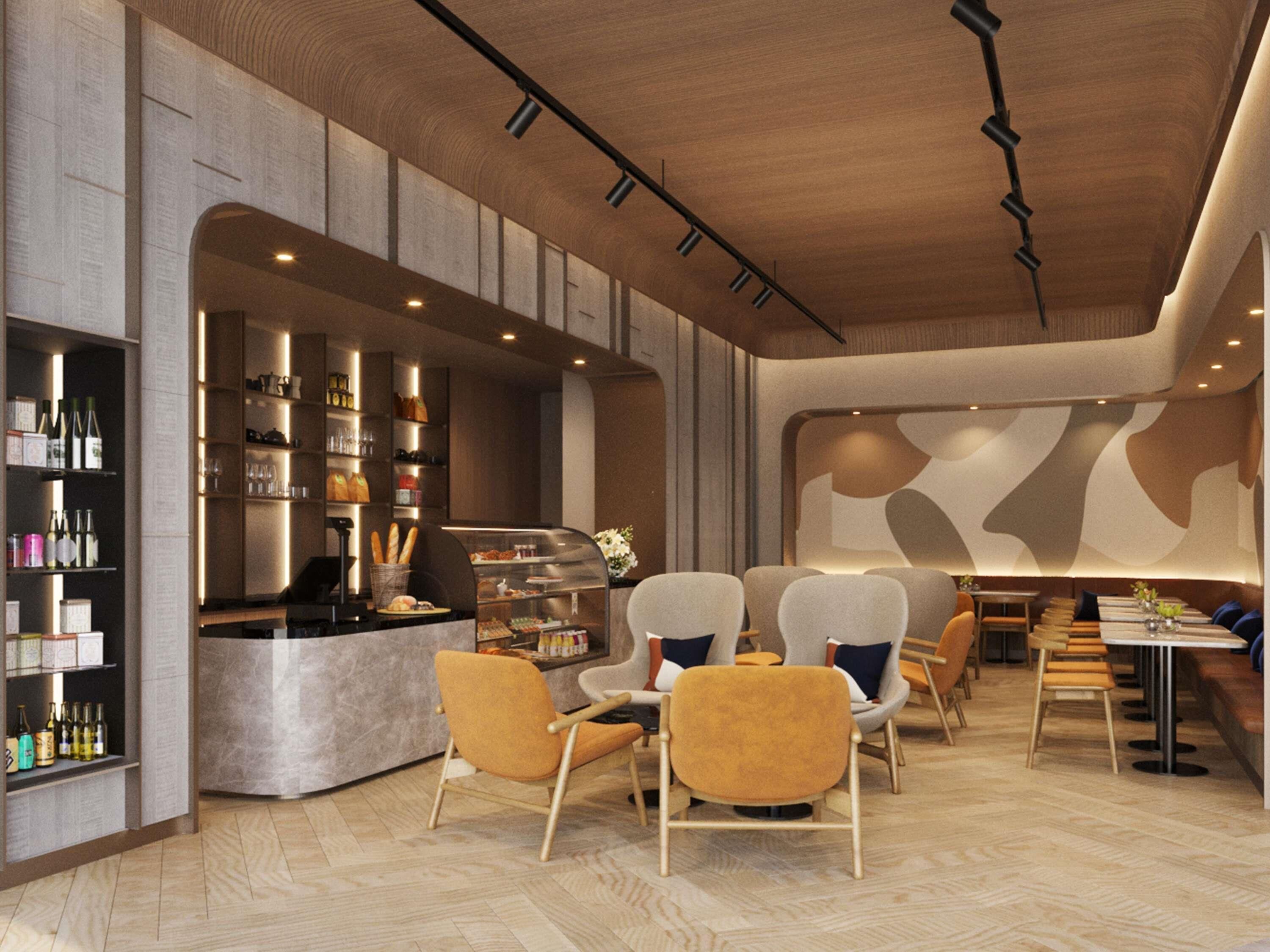A modern interior with a bar area, seating, and a patterned wall.
