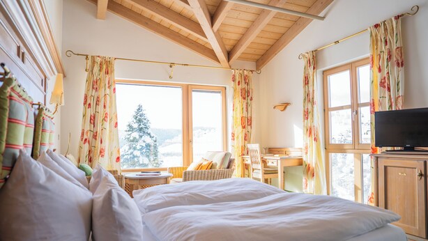 A hotel room with a bed, a television, a desk, and a window with curtains. - Bergvital Hotel Todtnau (Todtnau)