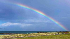 Ein Regenbogen über einer Küstenlandschaft, im Vordergrund Gras und ein klarer Himmel.