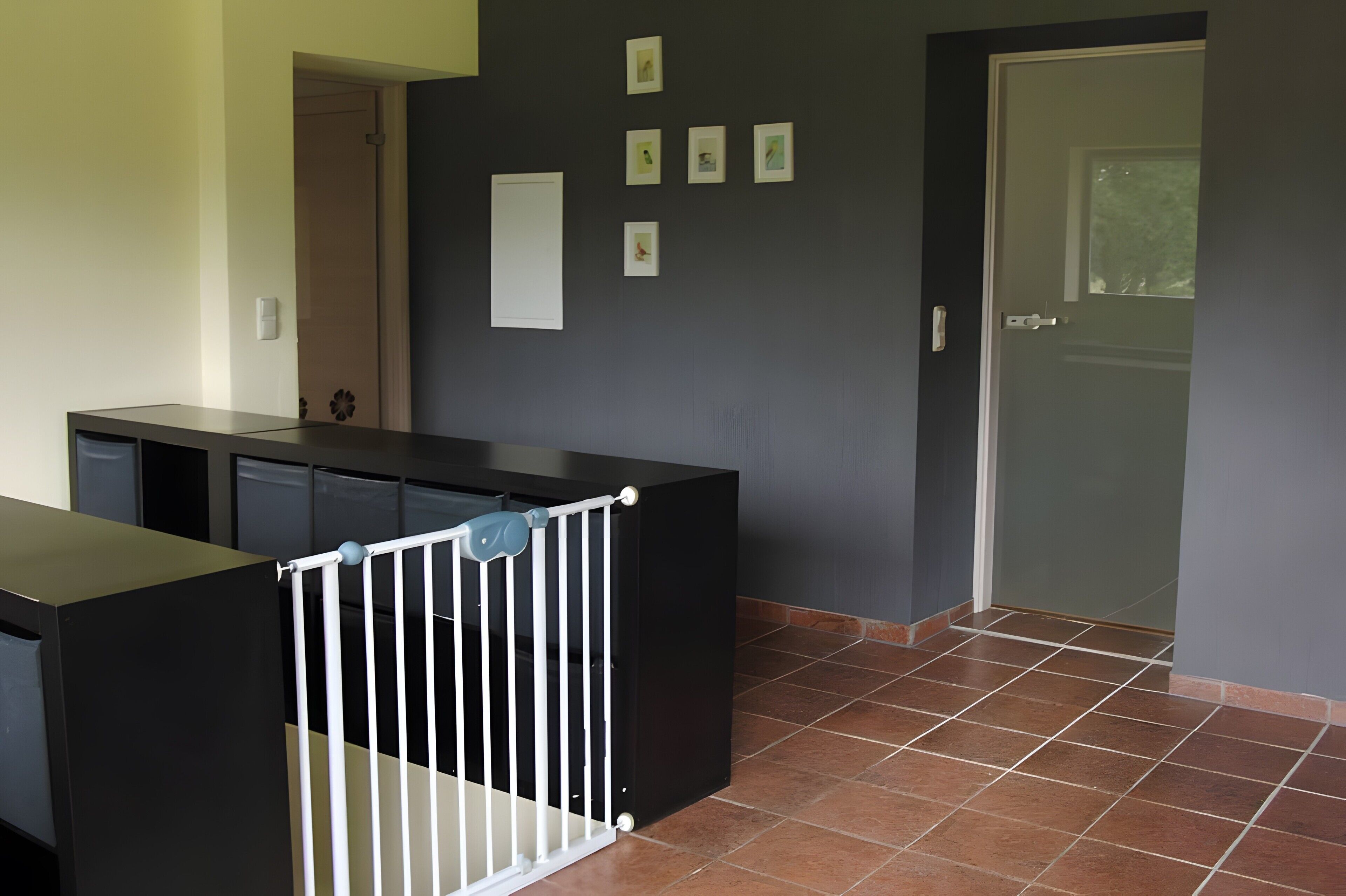 Una habitación con una encimera negra, un portón blanco y una puerta con ventanal.