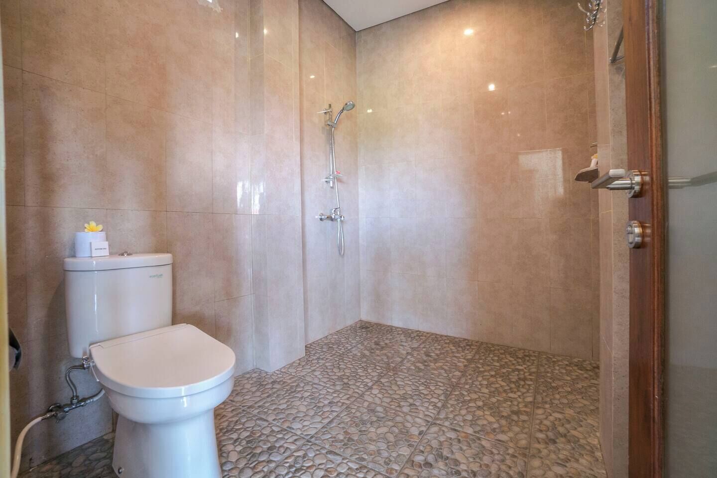 Secadora de cabello, toallas, jabón, papel de baño 