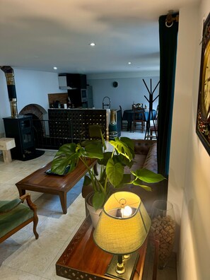 A living room with a fireplace, a dining area, and a large plant. - Masion de ville Champenoise (Épernay)