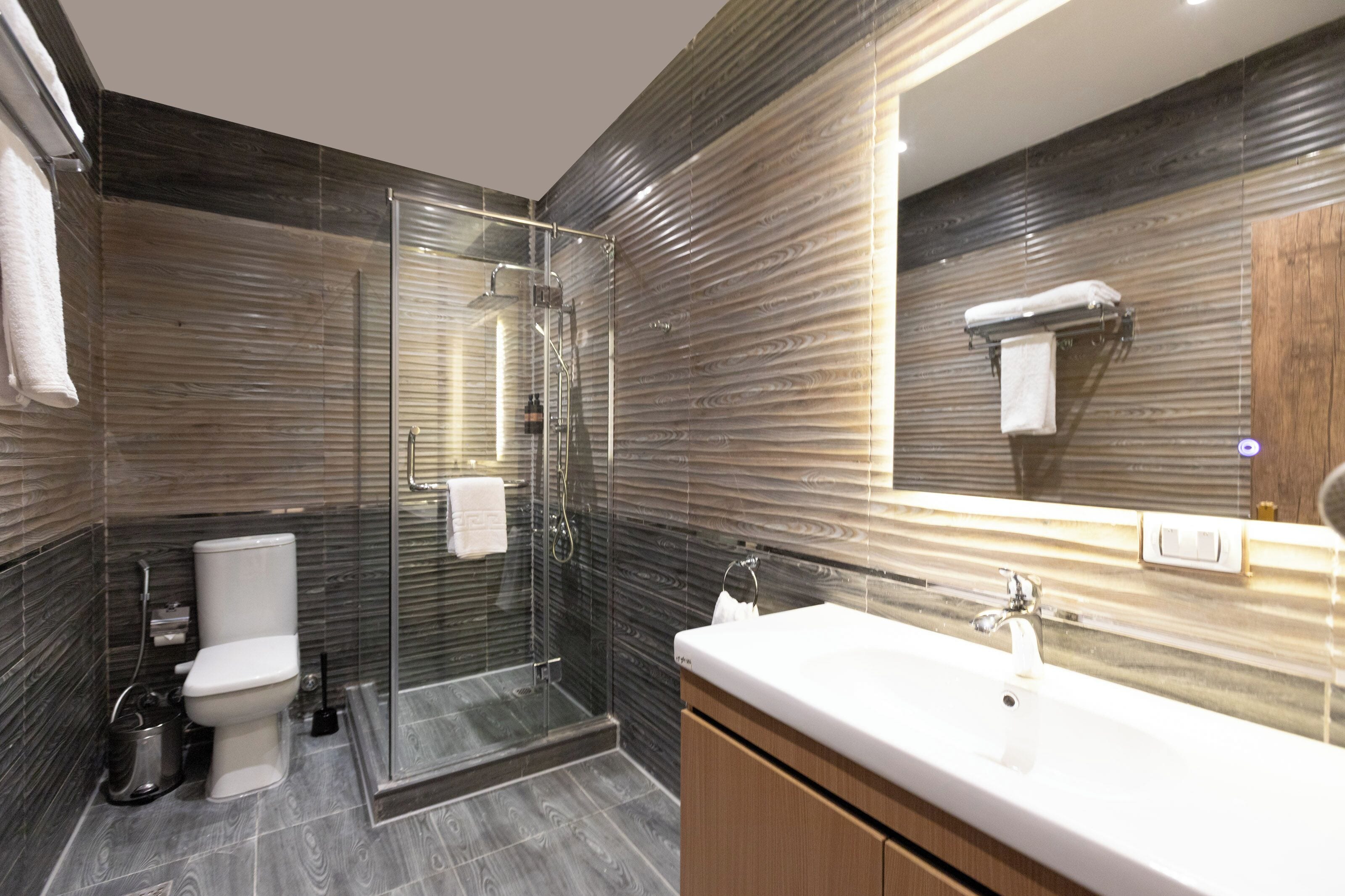 A modern bathroom with a glass shower enclosure, a white toilet, and a large mirror above the sink.