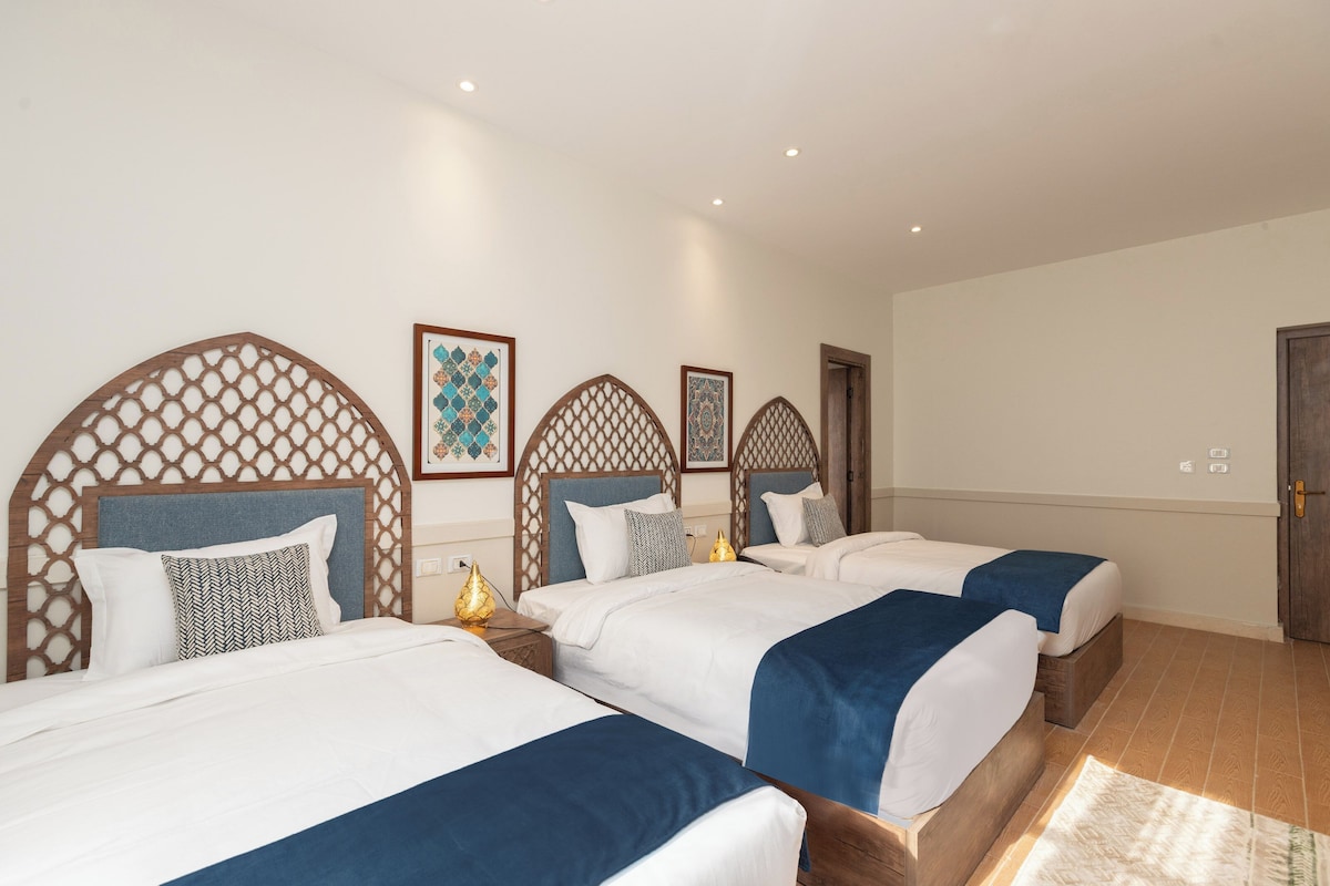 Une chambre d’hôtel avec quatre lits, chacun doté d’une tête de lit en bois et d’une couvre-lit bleue.