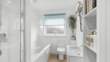 Hair dryer, towels, soap, toilet paper