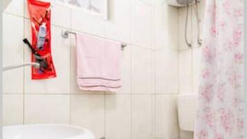 Shower, towels, soap, toilet paper