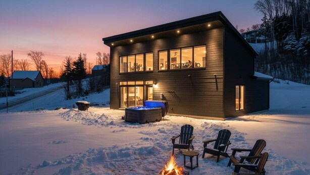 Een modern huis met vuurkorf en buiten zitplaatsen.