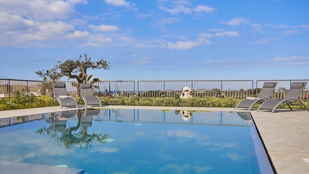 Ein klarer, blauer Pool mit Liegestühlen und einem Baum im Hintergrund.