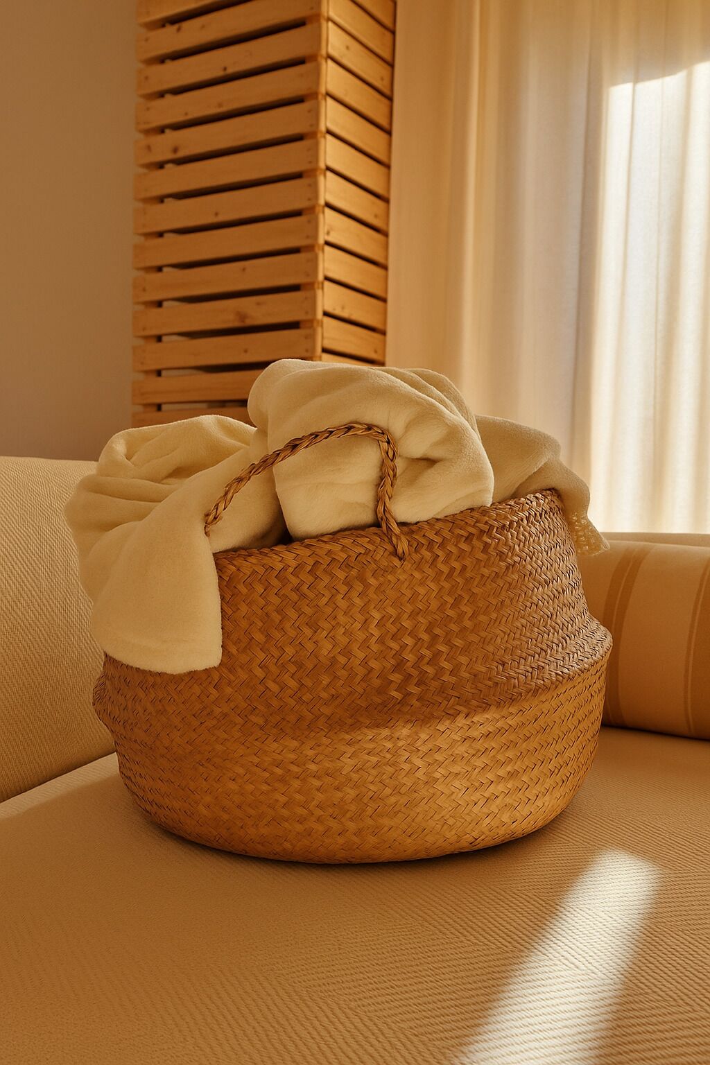 A round woven basket with a handle, placed on a textured sofa.