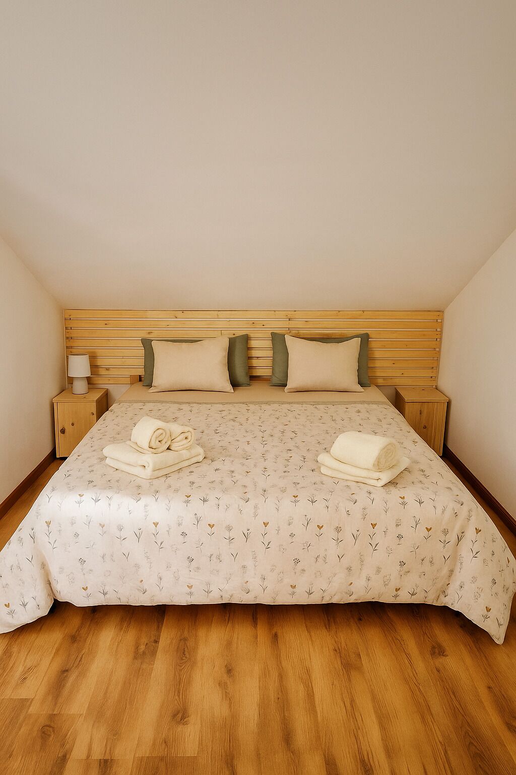 A bedroom with a wooden headboard, a floral bedspread, two pillows, a nightstand with a lamp, and a rolled towel on the bed.