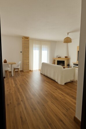 TV connectée, cheminée, livres, chaîne hi-fi