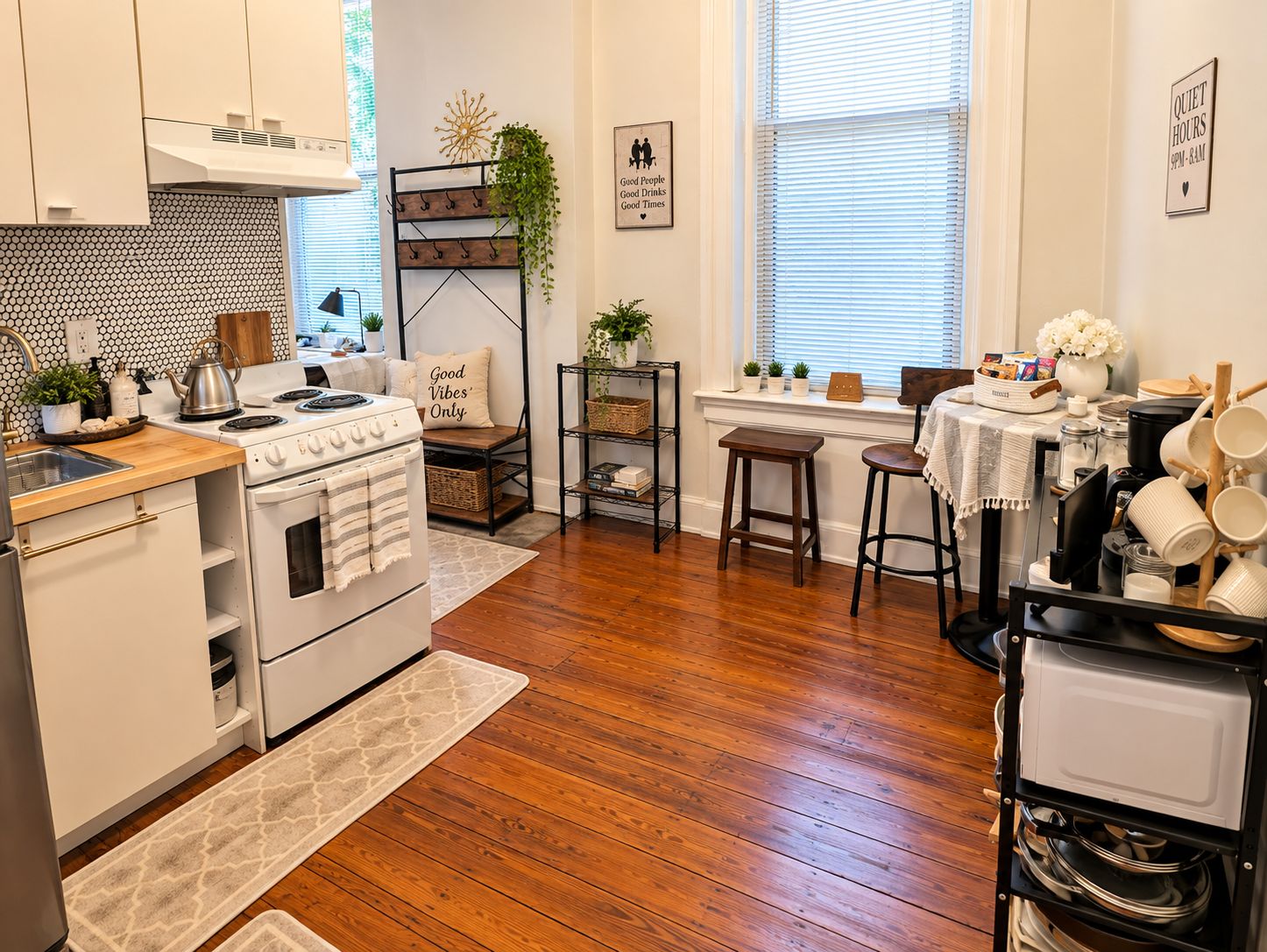 A modern kitchen with white cabinetry, a stove, and a dining area with a table and chairs.