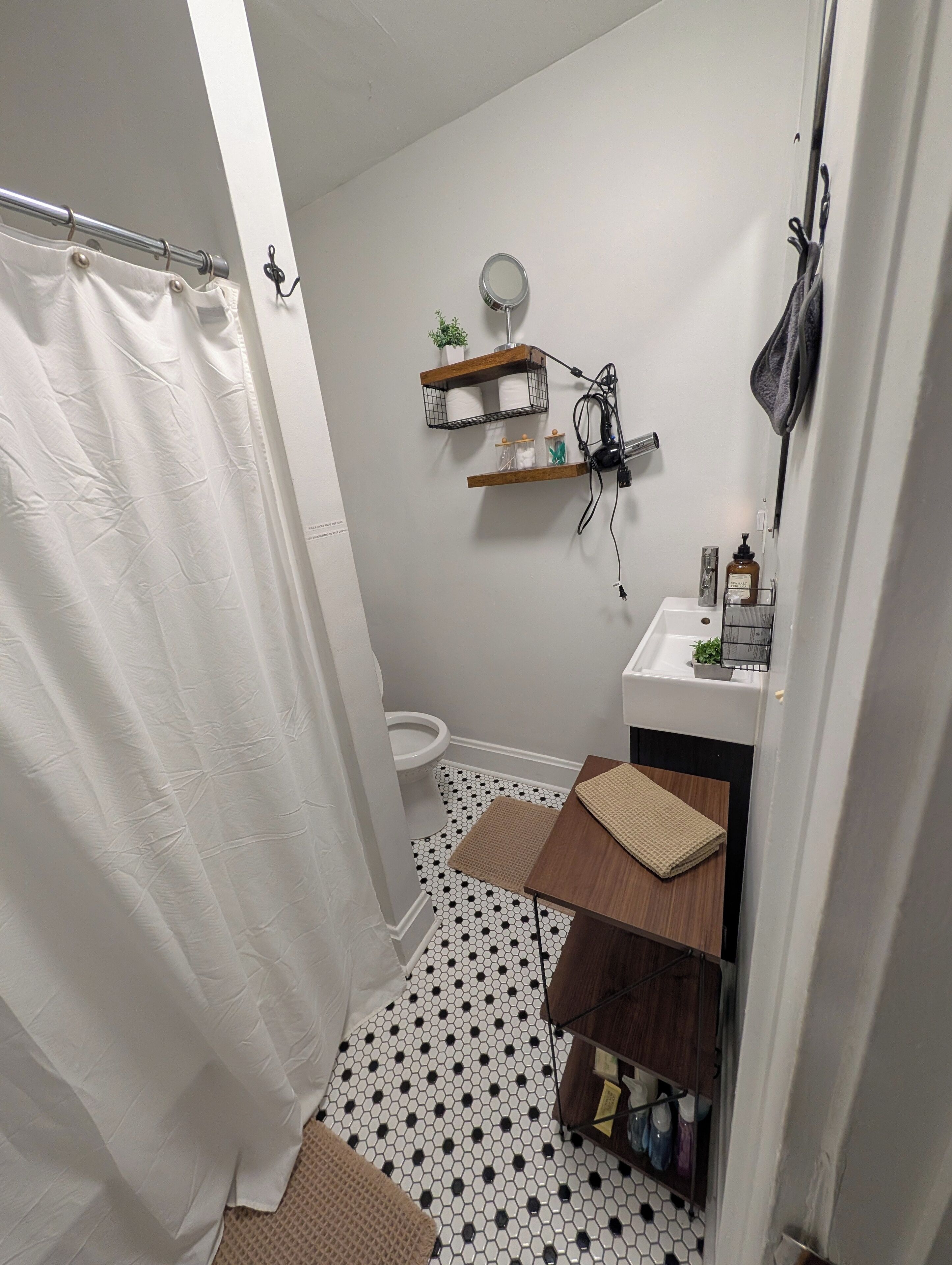 Hair dryer, towels, soap, shampoo