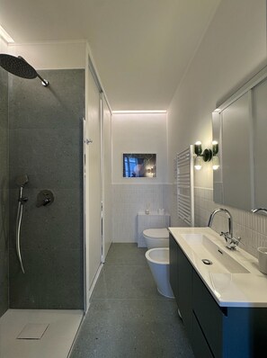 Regadera, secadora de cabello, bidet, toallas 
