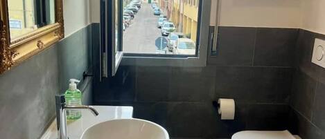 Shower, towels, soap, toilet paper