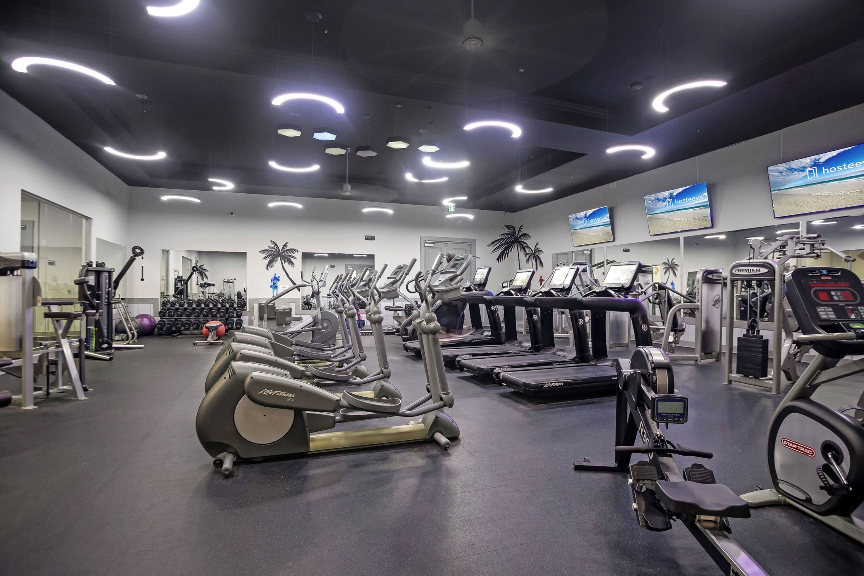 A gym with treadmills, elliptical machines, and weight machines.