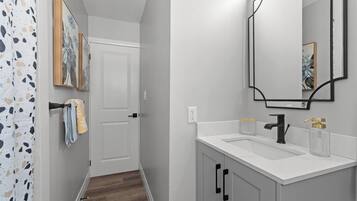 Hair dryer, towels, soap, toilet paper