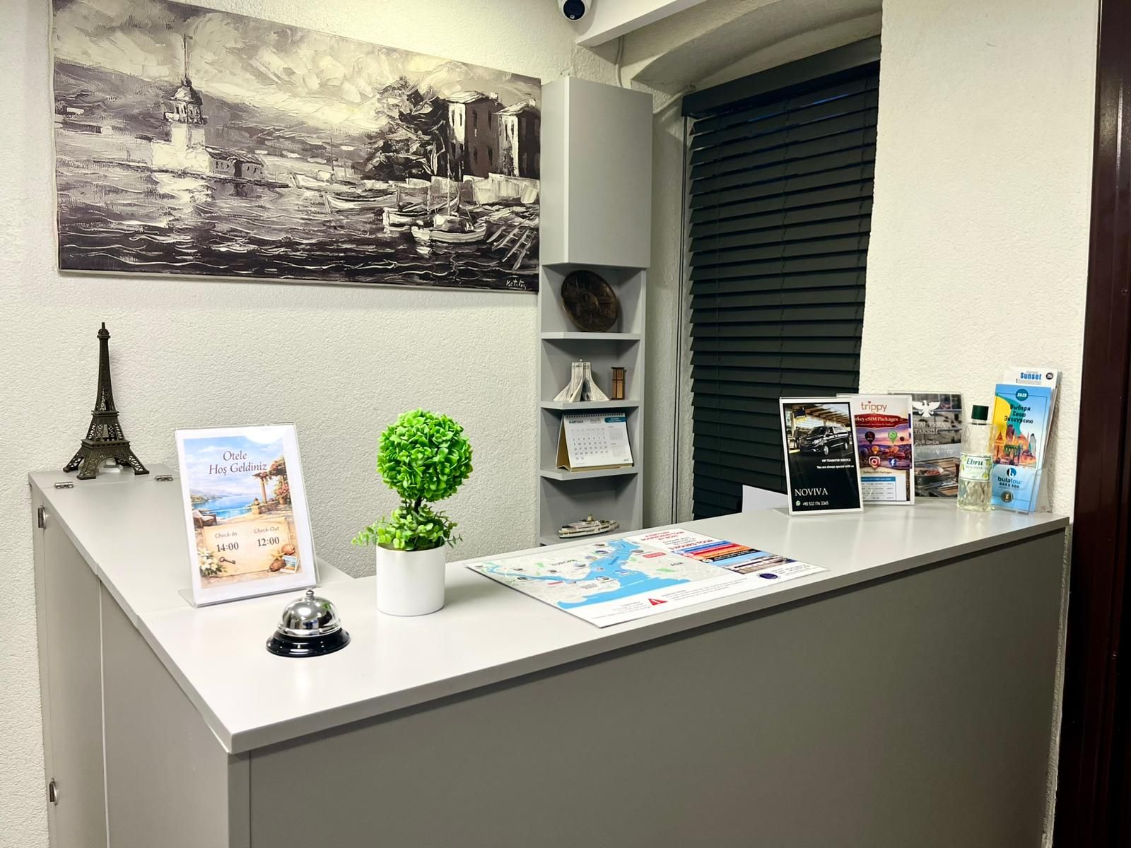 A reception desk with a painting, a small potted plant, a clock, and informational brochures.
