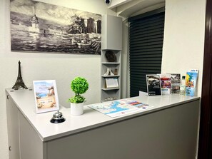 Uma mesa de recepção com um quadro, uma pequena planta em vaso, um relógio e folhetos informativos.