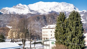 Ein Gebirge mit schneebedeckten Gipfeln, ein Gebäude mit grüner Dachbegrünung und eine hohe Nadelbaumart im Vordergrund.