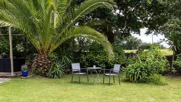 A garden with a palm tree, two chairs, and a table.