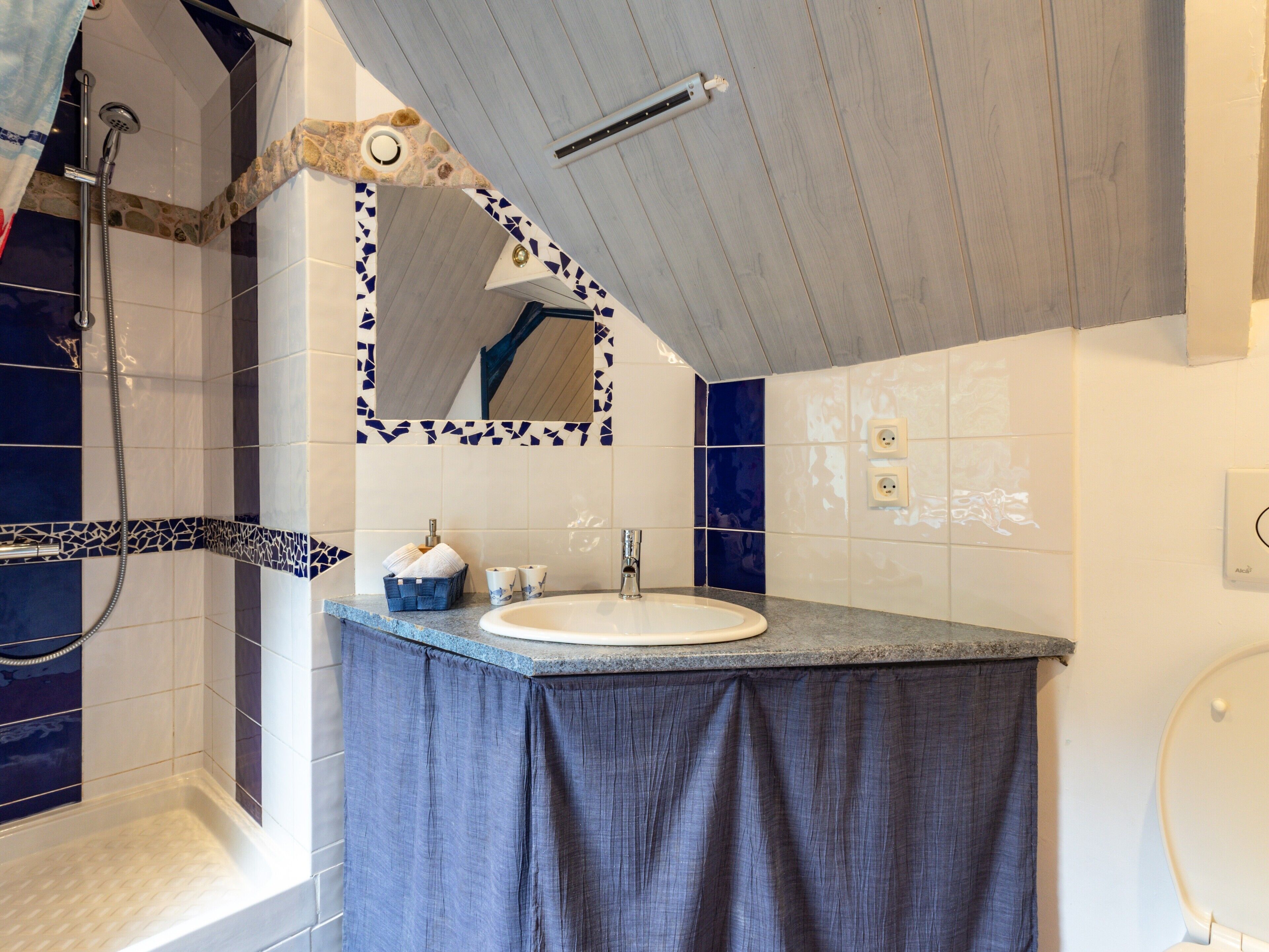 Een badkamer met een douche, een wastafel, een spiegel en een handdoekhouder.