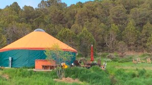 Uma yurt com telhado cónico, rodeada por um campo gramado e árvores.