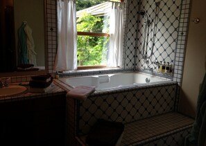 Hair dryer, towels, soap, shampoo