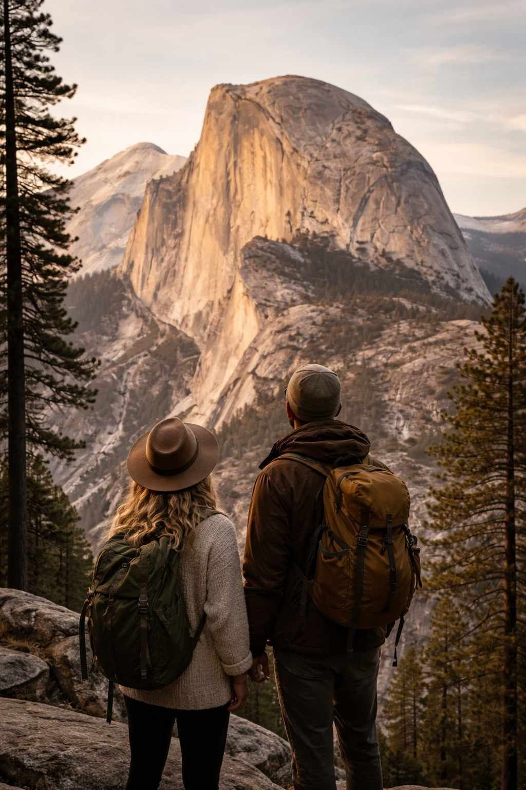 Two people standing on a rocky outcrop, facing a large mountain.