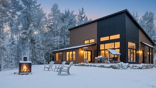 Uma cabana moderna de dois andares com lareira, área de estar externa e vista para uma floresta coberta de neve.