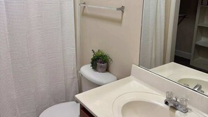Ein Badezimmer mit Toilette, Waschbecken, Spiegel, Duschvorhang und einer kleinen Topfpflanze.