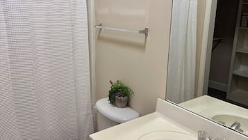 Chuveiro, secador de cabelo, toalhas de banho, shampoo