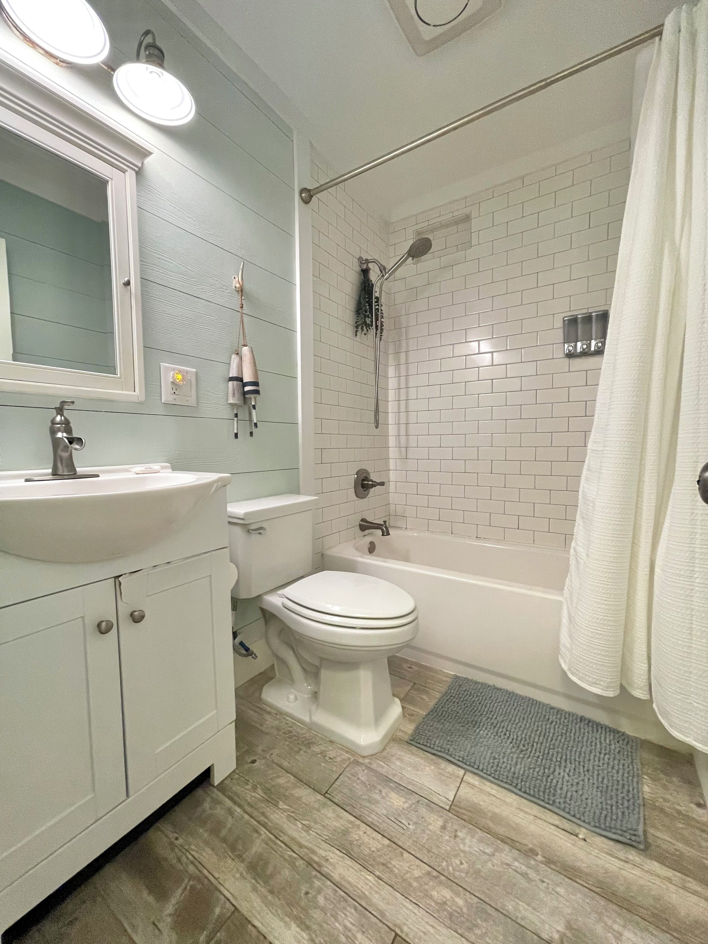 Hair dryer, towels, soap, toilet paper