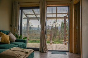 A room with a green sofa, a wooden deck outside, and a large glass door.