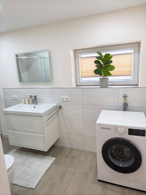 Shower, hair dryer, soap, toilet paper