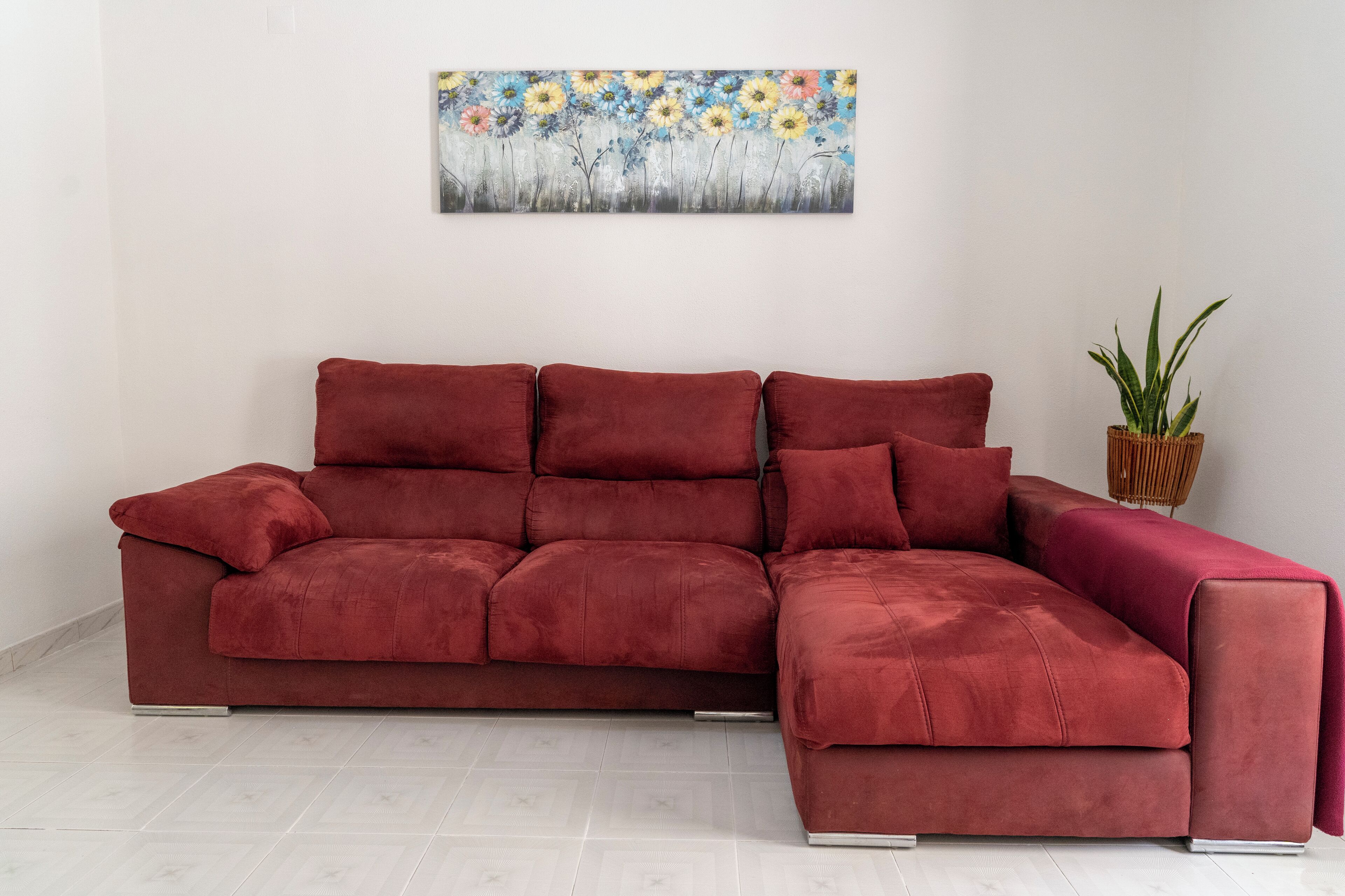 A red sectional sofa with a decorative painting above it and a potted plant to the right.
