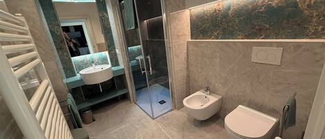 Shower, hair dryer, bidet, towels
