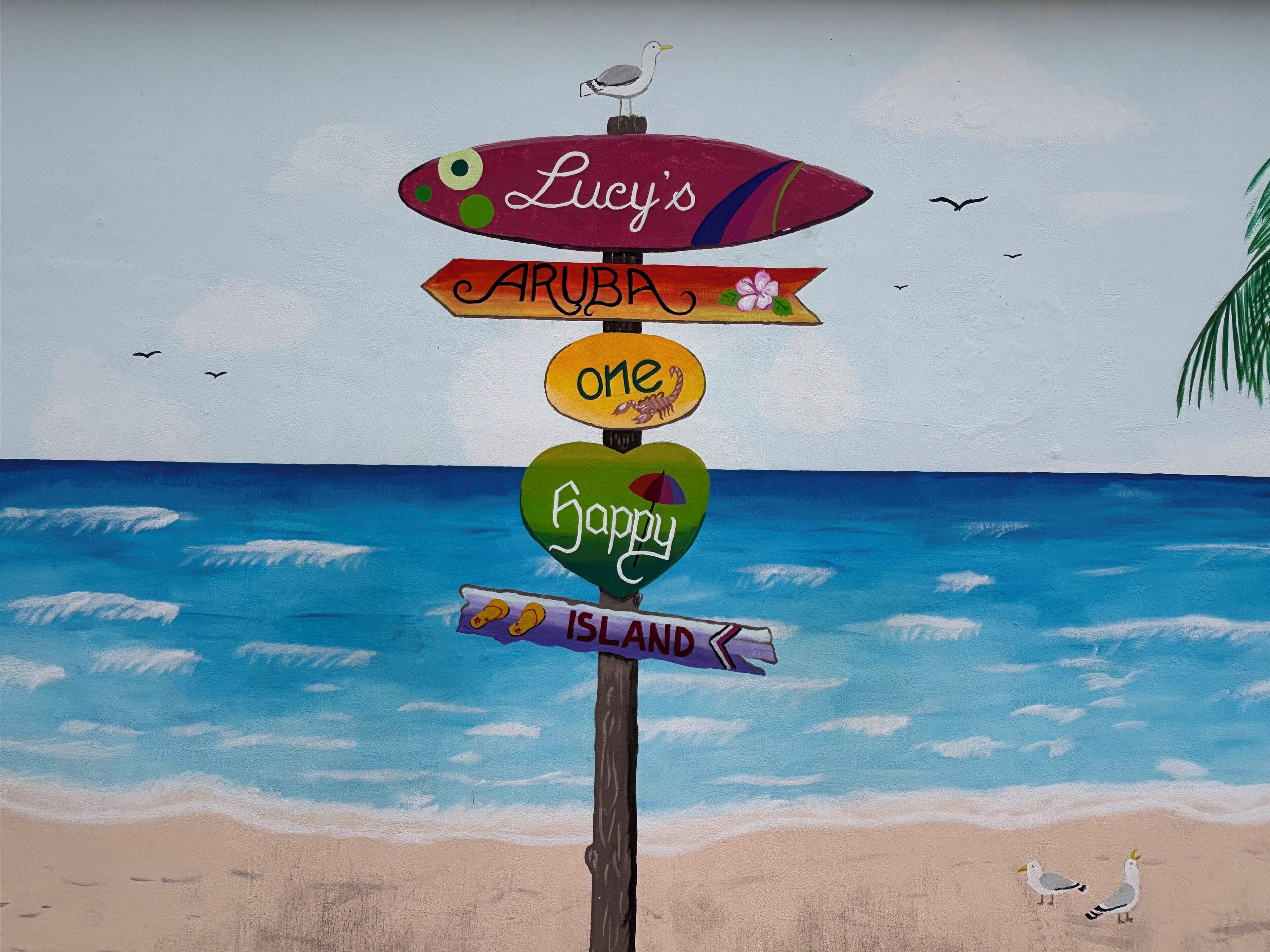 Un panneau de signalisation sur la plage, orné de plusieurs flèches indiquant différentes directions, et surmonté d’une mouette.