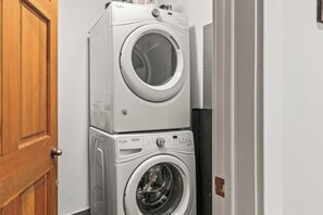 Convenient in-unit stacked washer and dryer tucked into a dedicated laundry closet. - Main Street - Just Steps Away | Private Hot Tub |Managed by Park City Lodging (Park City)