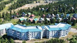 A resort with multiple buildings, including a large hotel with a blue roof and several smaller cabins with red and green roofs, surrounded by dense forest and mountains. - The Haven at Blueberry Hill - Mount Washington ski-in/out (Comox-Strathcona C)