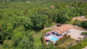 Eine Villa mit Schwimmbad, umgeben von dichtem Wald und Hügeln.