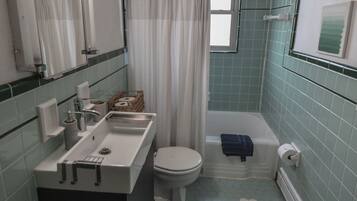 Hair dryer, towels, soap, toilet paper