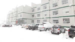 Un estacionamiento de varios pisos con varios coches aparcados en la nieve.