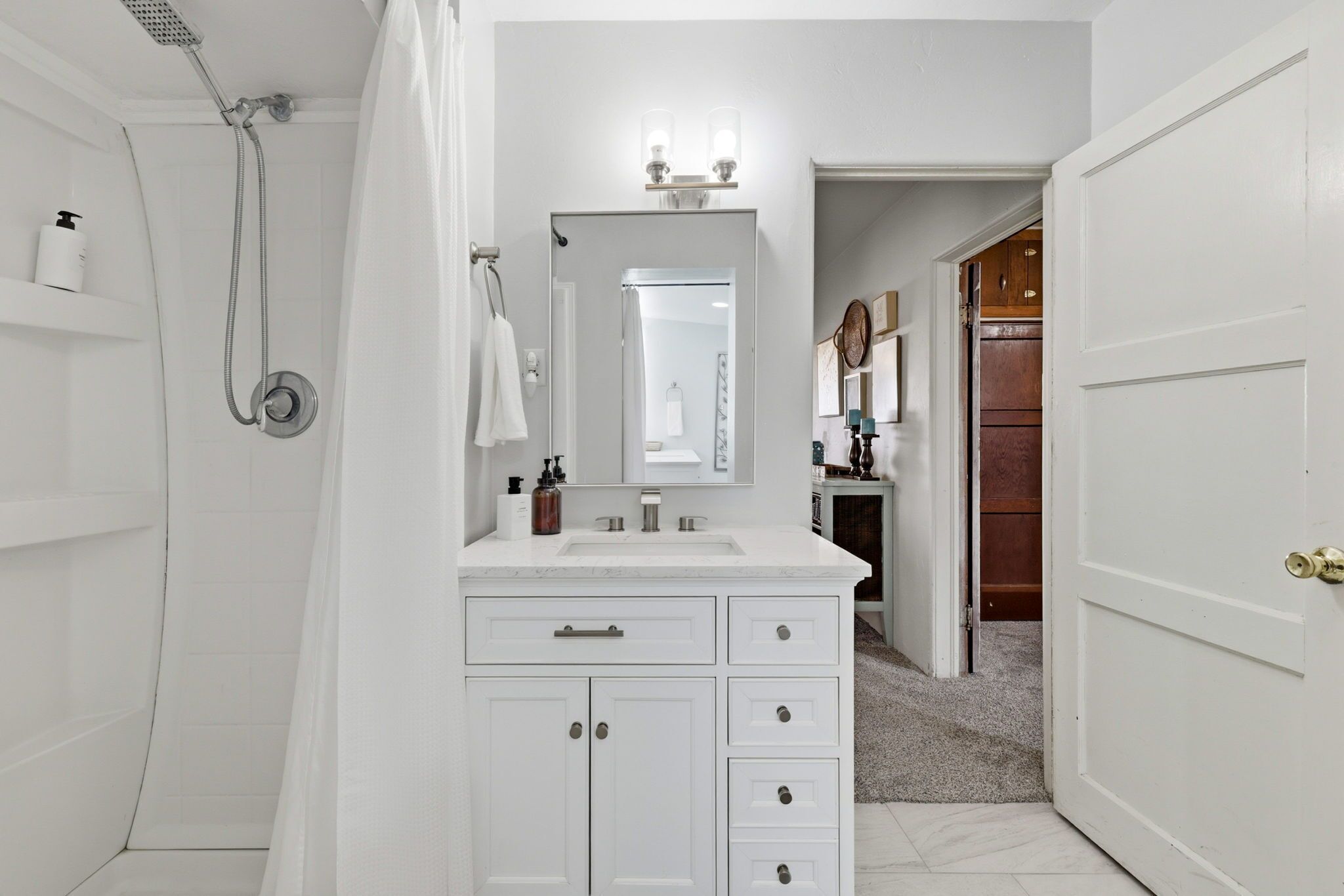 Hair dryer, towels, soap, shampoo