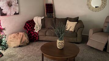 Älytelevisio, pöytätennispöytä, kirjoja, stereot