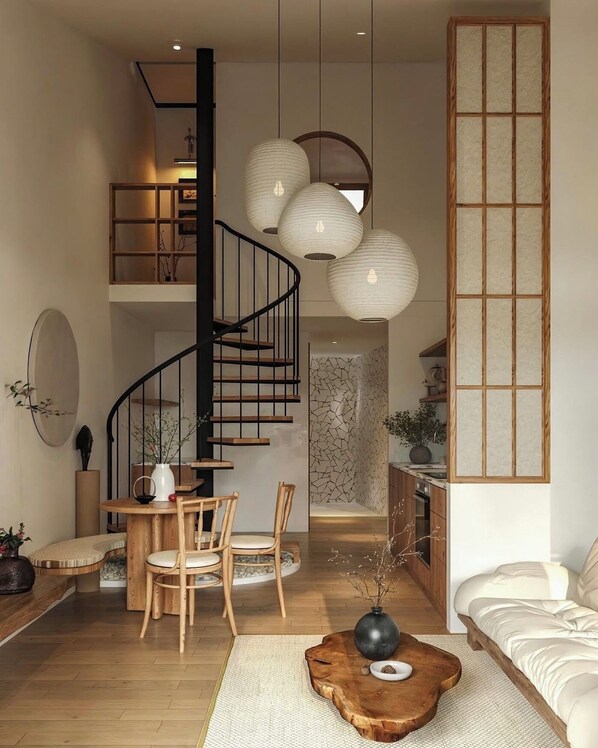 Căn hộ có thiết kế đặc trưng, có phòng tắm riêng | Khu phòng khách | Smart TV 45-inch có truyền hình kỹ thuật số, lò sưởi, máy chơi game 