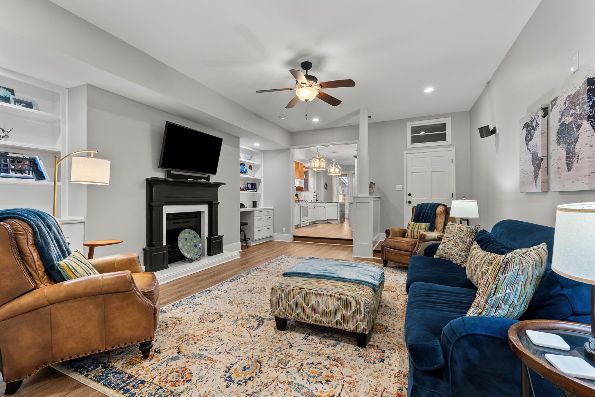 Smart TV, fireplace, books