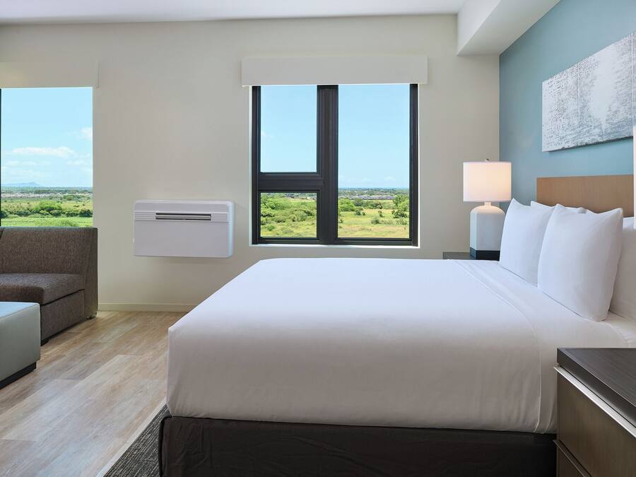 A hotel room with a bed, a sofa, a desk, a lamp, and a window with a view of greenery.