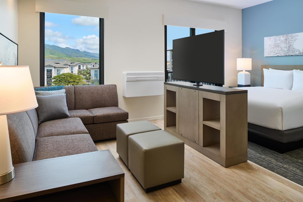 Une chambre d’hôtel moderne équipée d’un canapé, d’un pouf, d’une télévision, d’une table de chevet et d’un lit.
